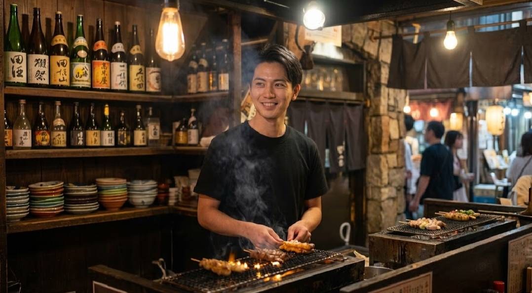 夜：焼き鳥を焼く笑顔の料理人